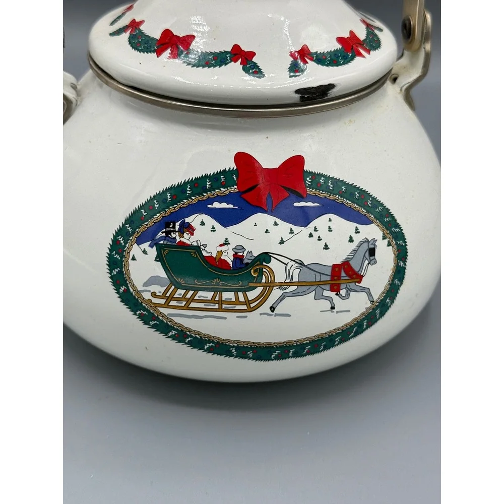 Vintage‎ Christmas Enamel Tea Kettle White Sleigh Ride Holiday Tea Pot